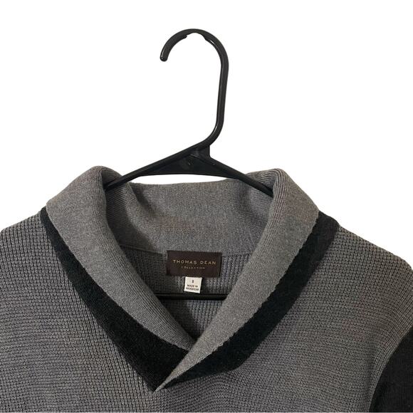 Thomas Dean 100% Extra Fine Merino Wool Shawl Collar Sweater Gray Black Small - Picture 3 of 10